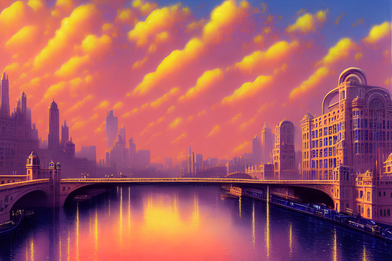 Vibrant pink and orange sunset cityscape with arched bridge & skyscrapers