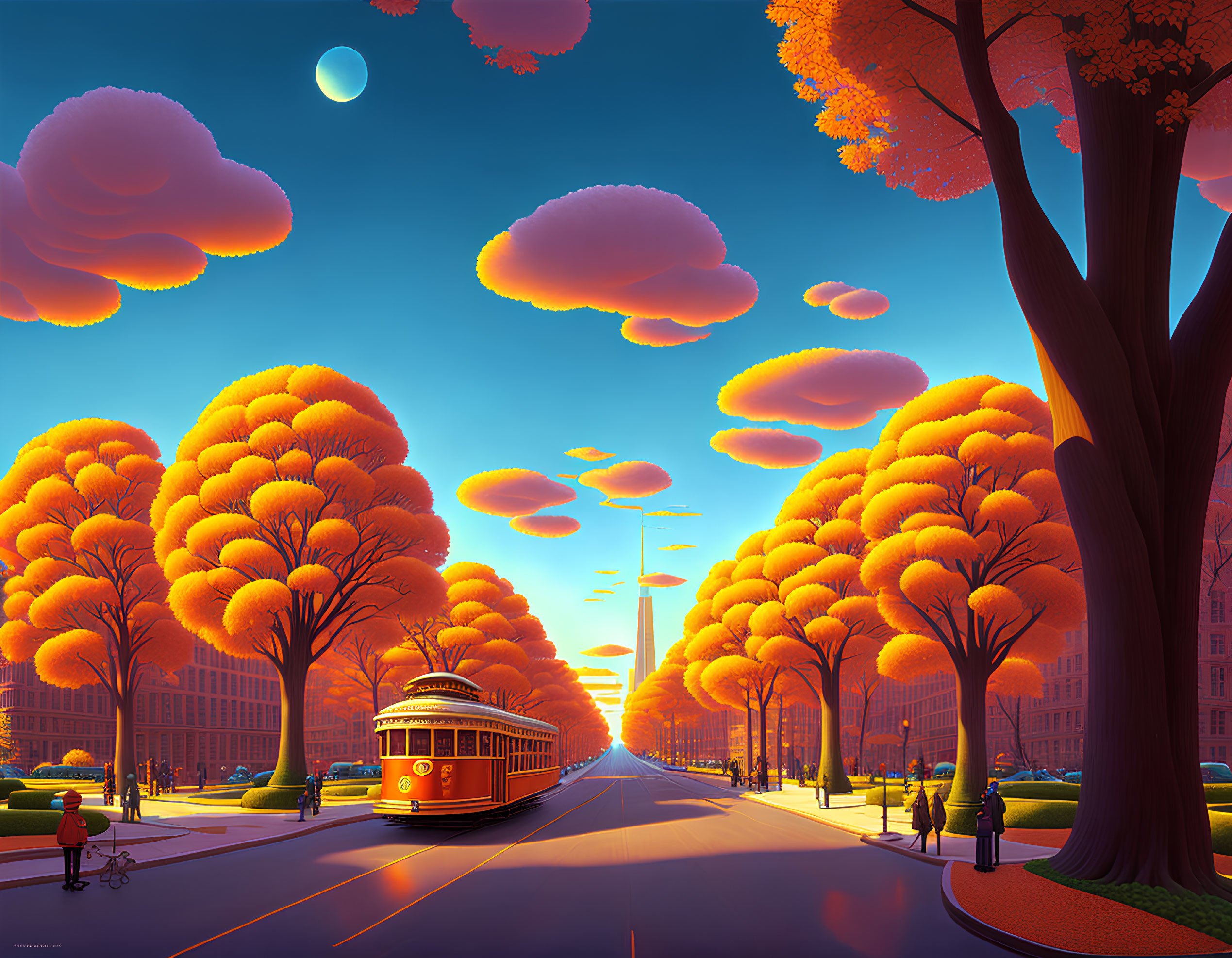 Orange Trees, Vintage Tram, Cyclist, and Moon in Vibrant Street Scene