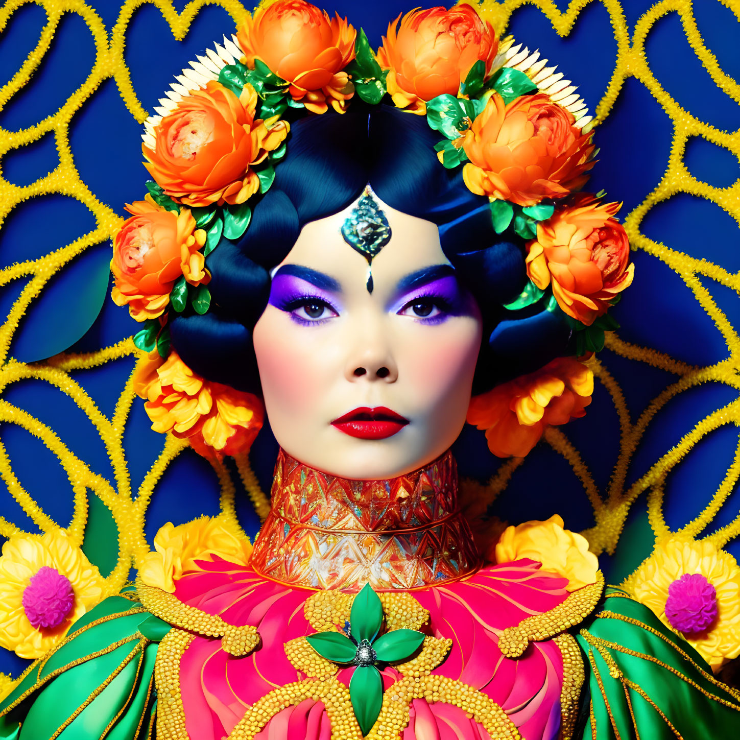 Symmetrical portrait with dramatic makeup, ornate headdress, and colorful attire on blue and yellow background