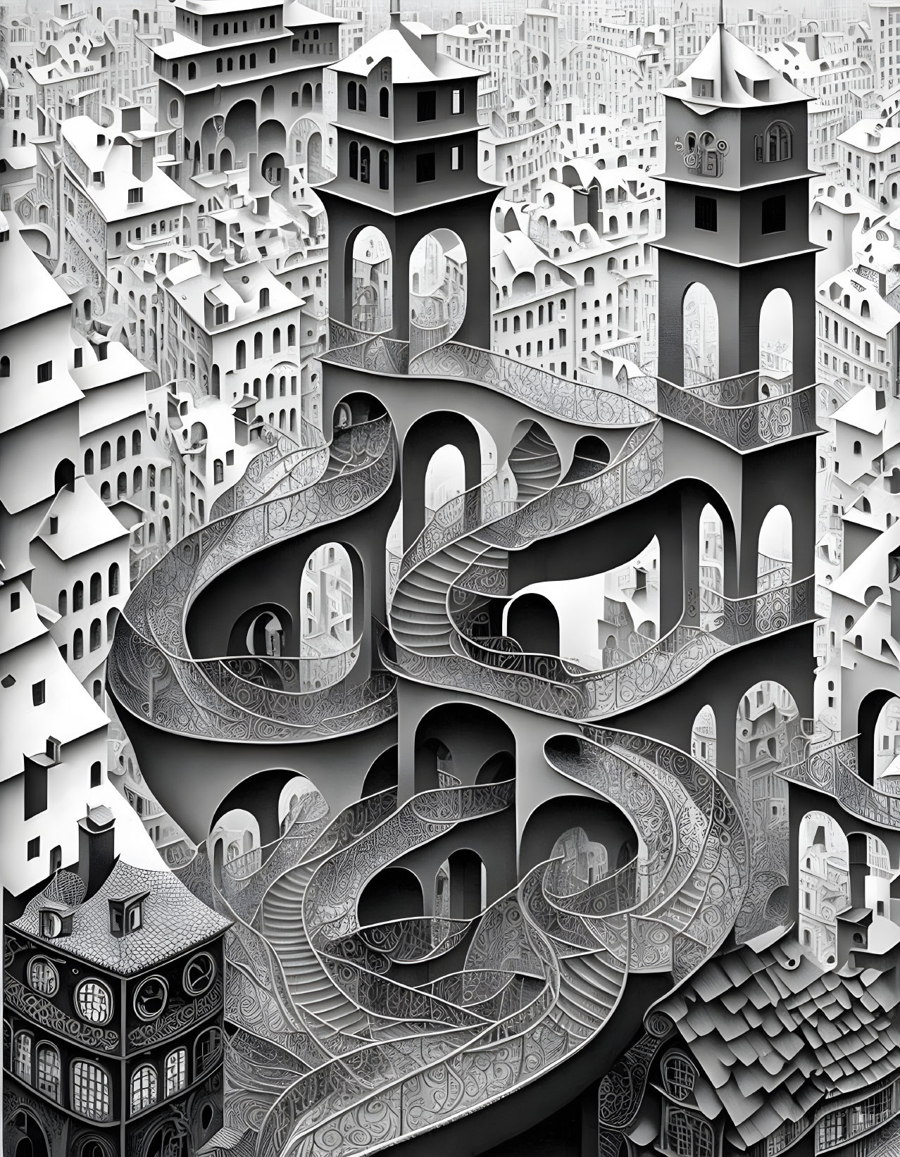 Detailed black-and-white Escheresque cityscape illustration with maze-like structures.