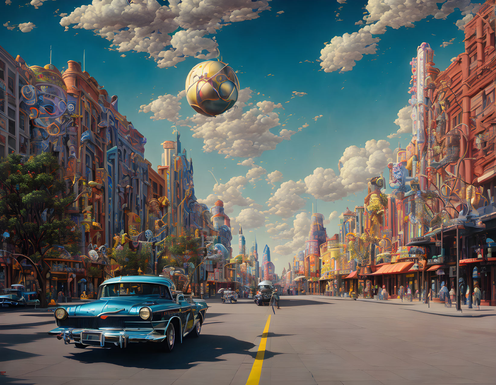 Futuristic cityscape with floating orbs, classic cars, and ornate buildings