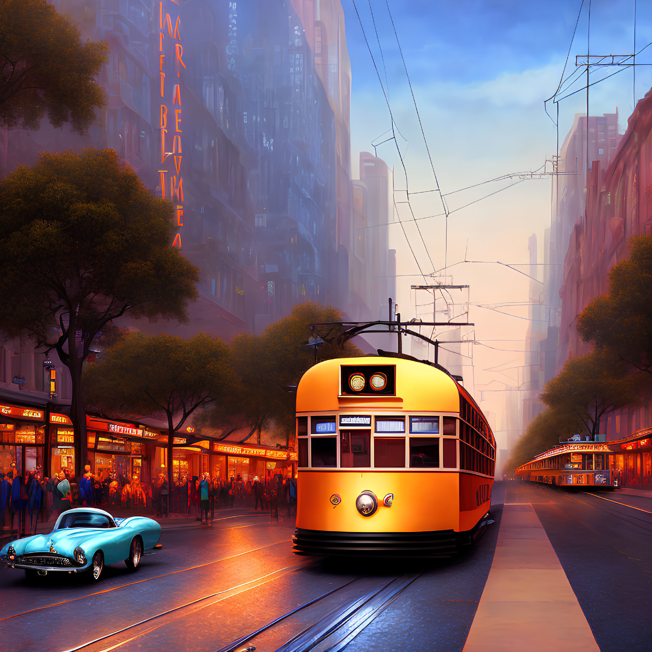 Vintage tram in bustling city street at dusk with neon signs and warm orange glow