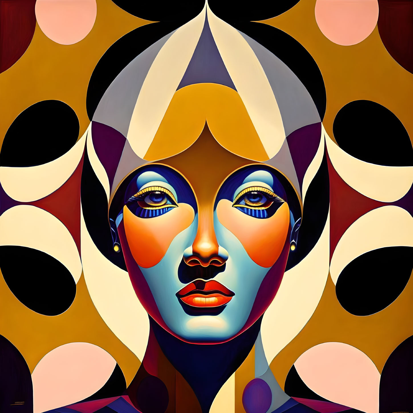 Blue-skinned woman in abstract circle pattern in warm colors