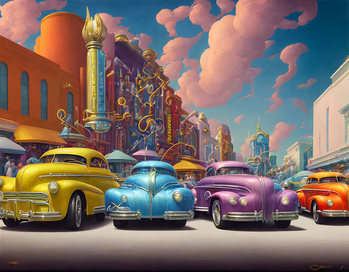 Vibrant vintage cars on city street with whimsical architecture