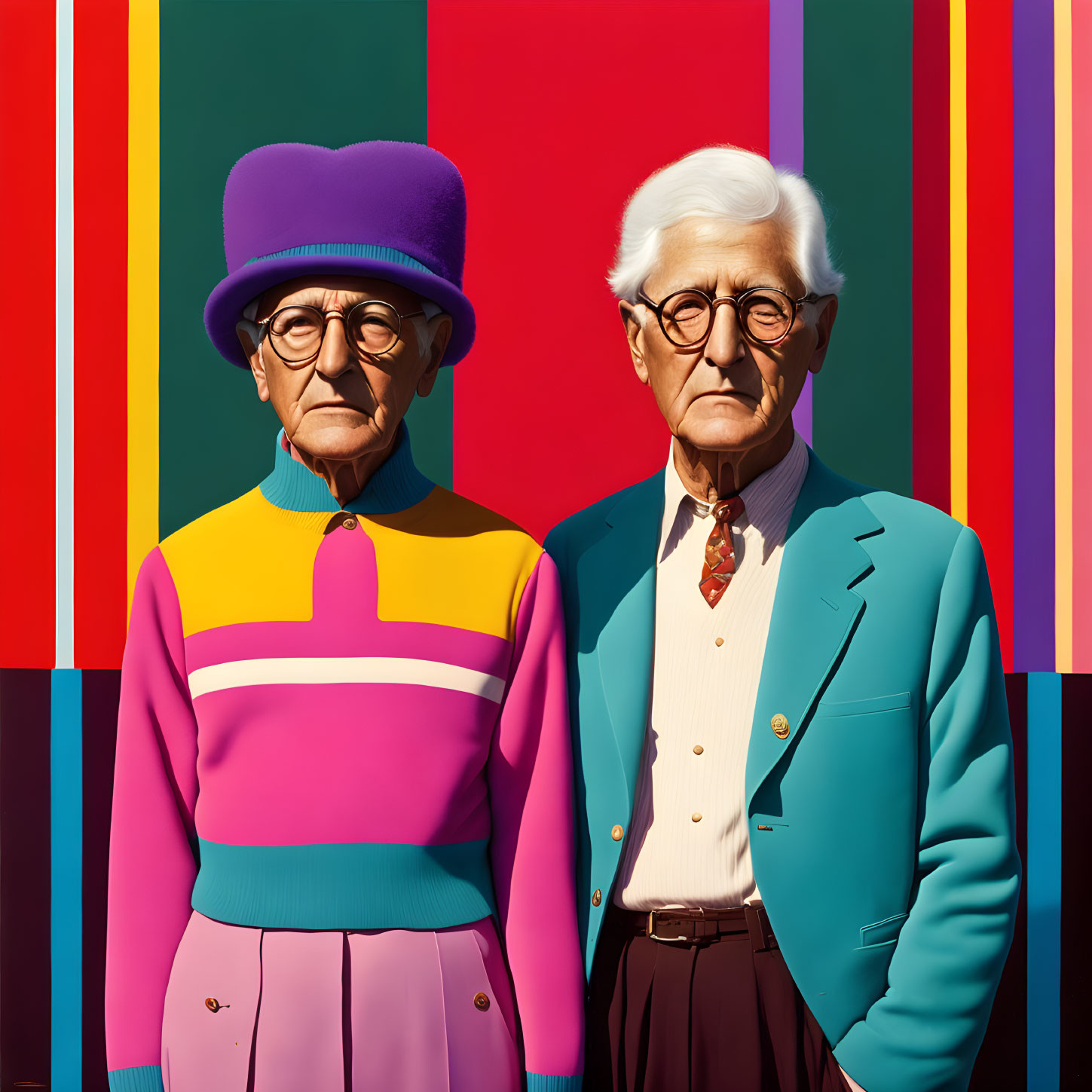 Elderly stylish characters in front of colorful striped background