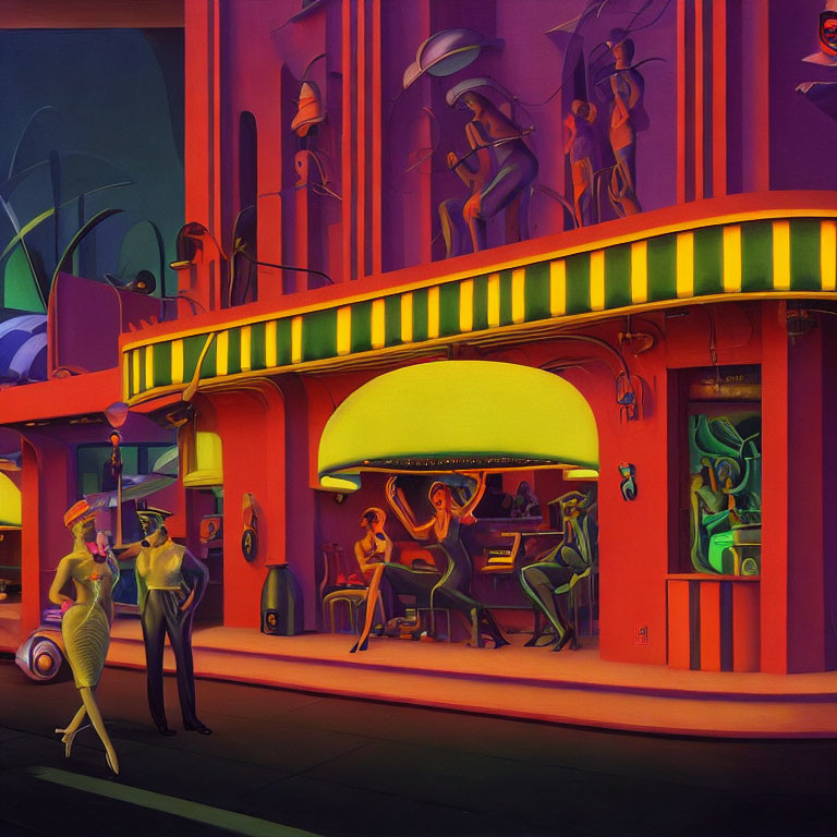 Colorful retro-futuristic diner scene with stylish patrons and sleek, organic forms