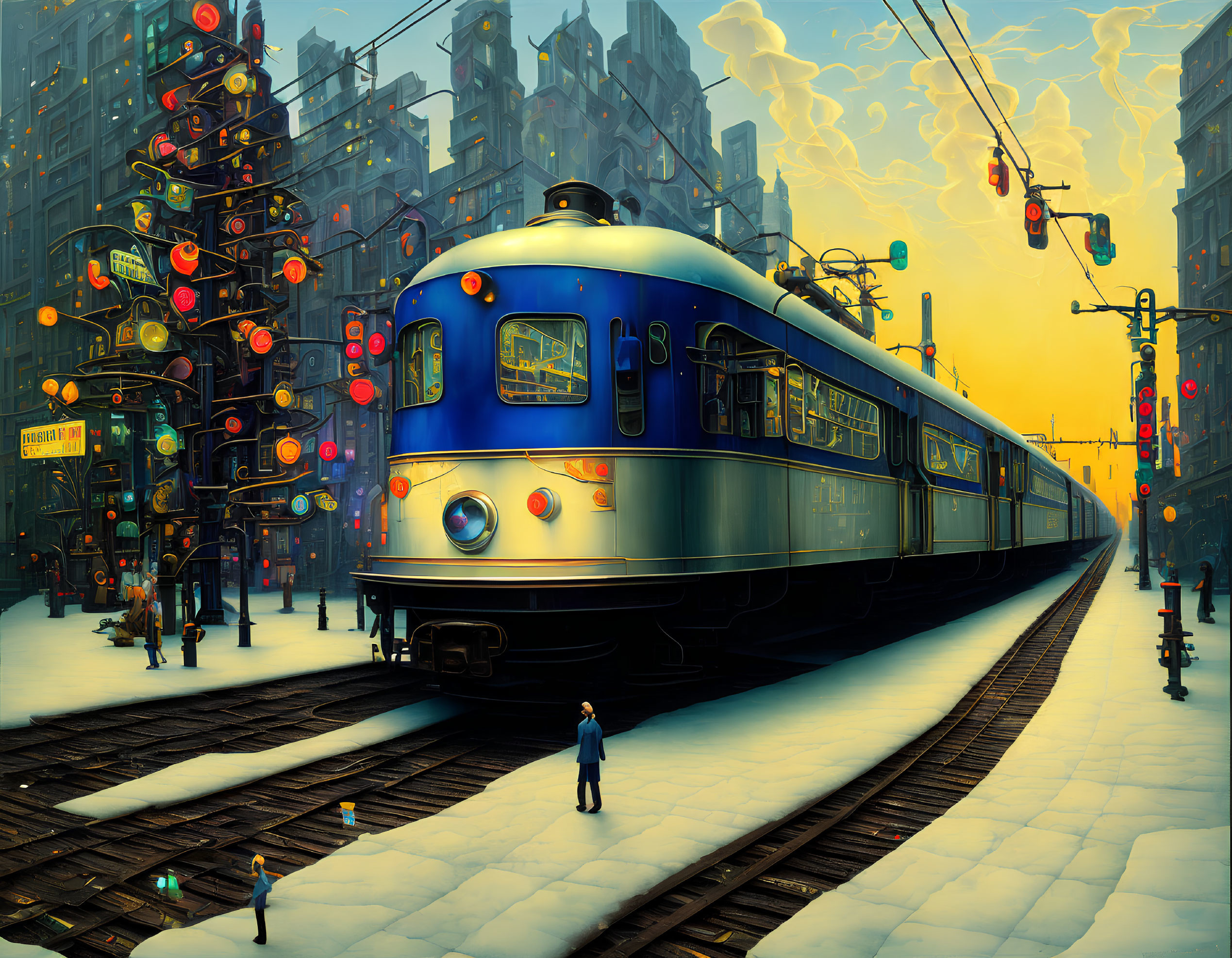 Vintage Blue Tram in Snowy Festive Cityscape