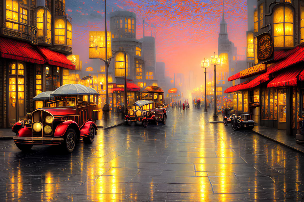 Retro-futuristic cityscape with vintage cars, neon signs, and pedestrians at dusk