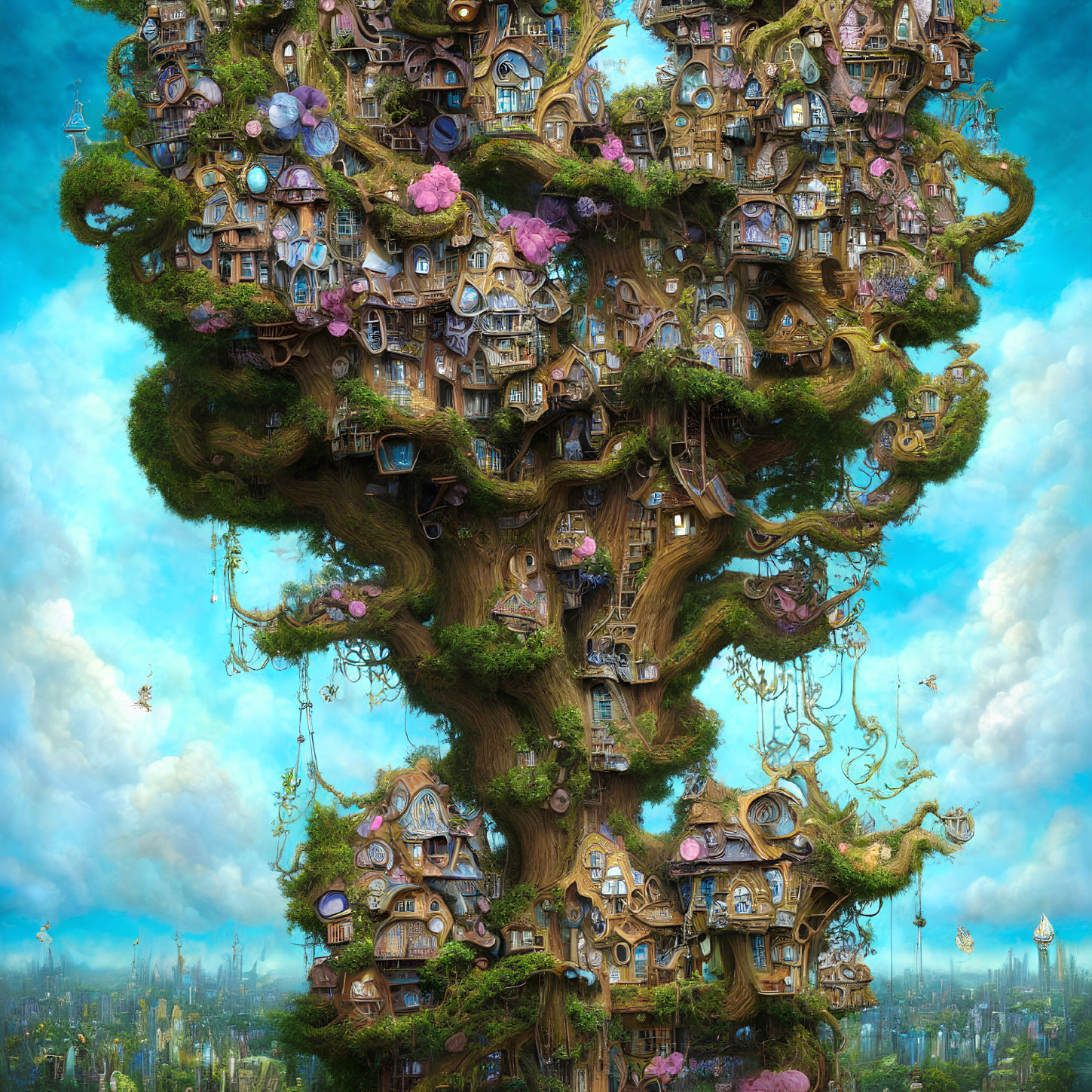 Gigantic whimsical tree with fantastical houses and bridges under vibrant blue sky