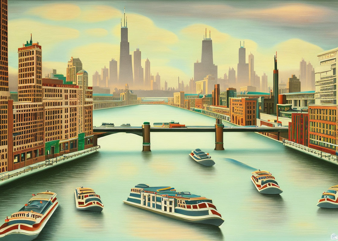 Cityscape Painting with Skyscrapers, River, Boats, and Bridge in Retro Style