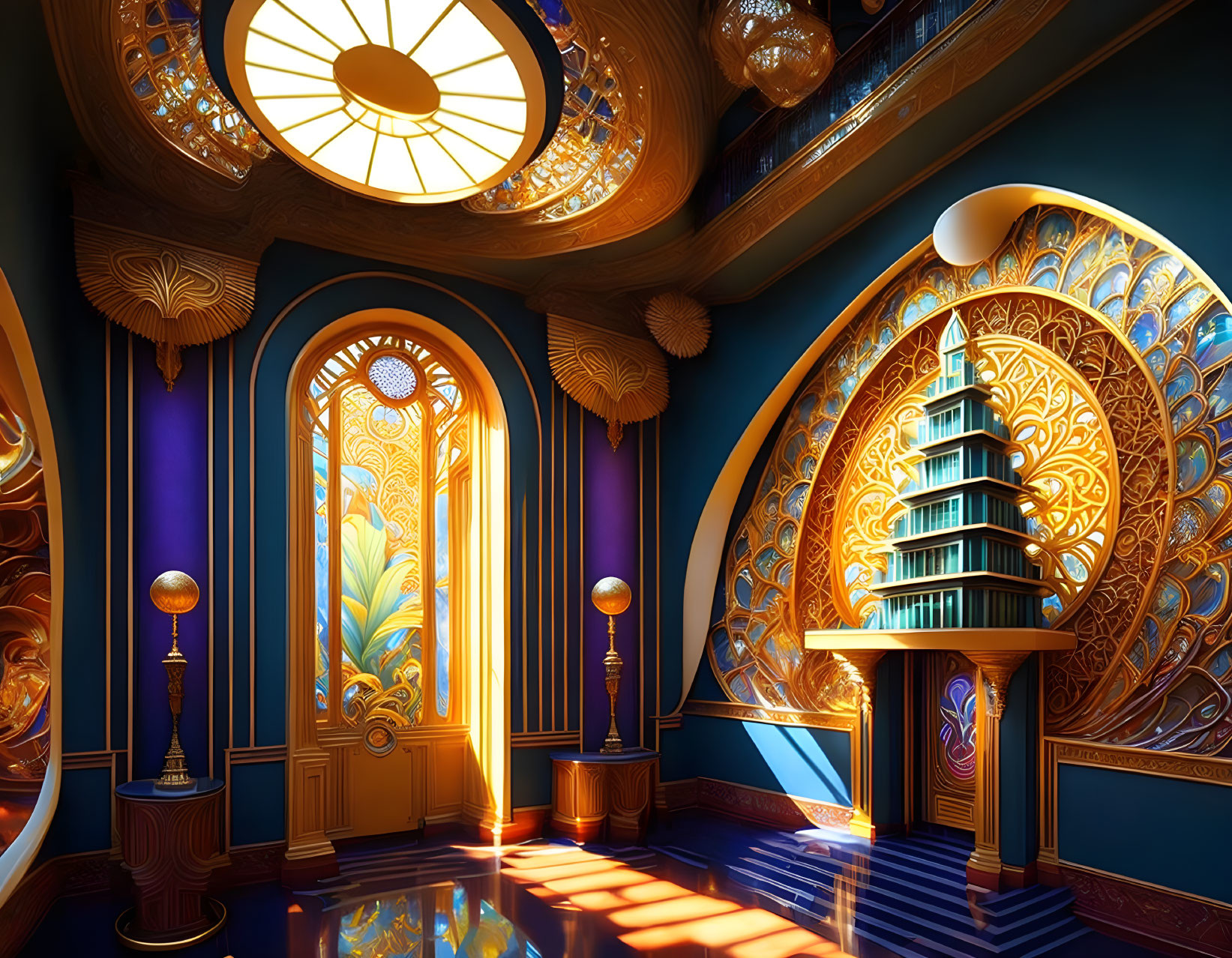 Elaborate Art Deco Interior with Gold and Blue Designs