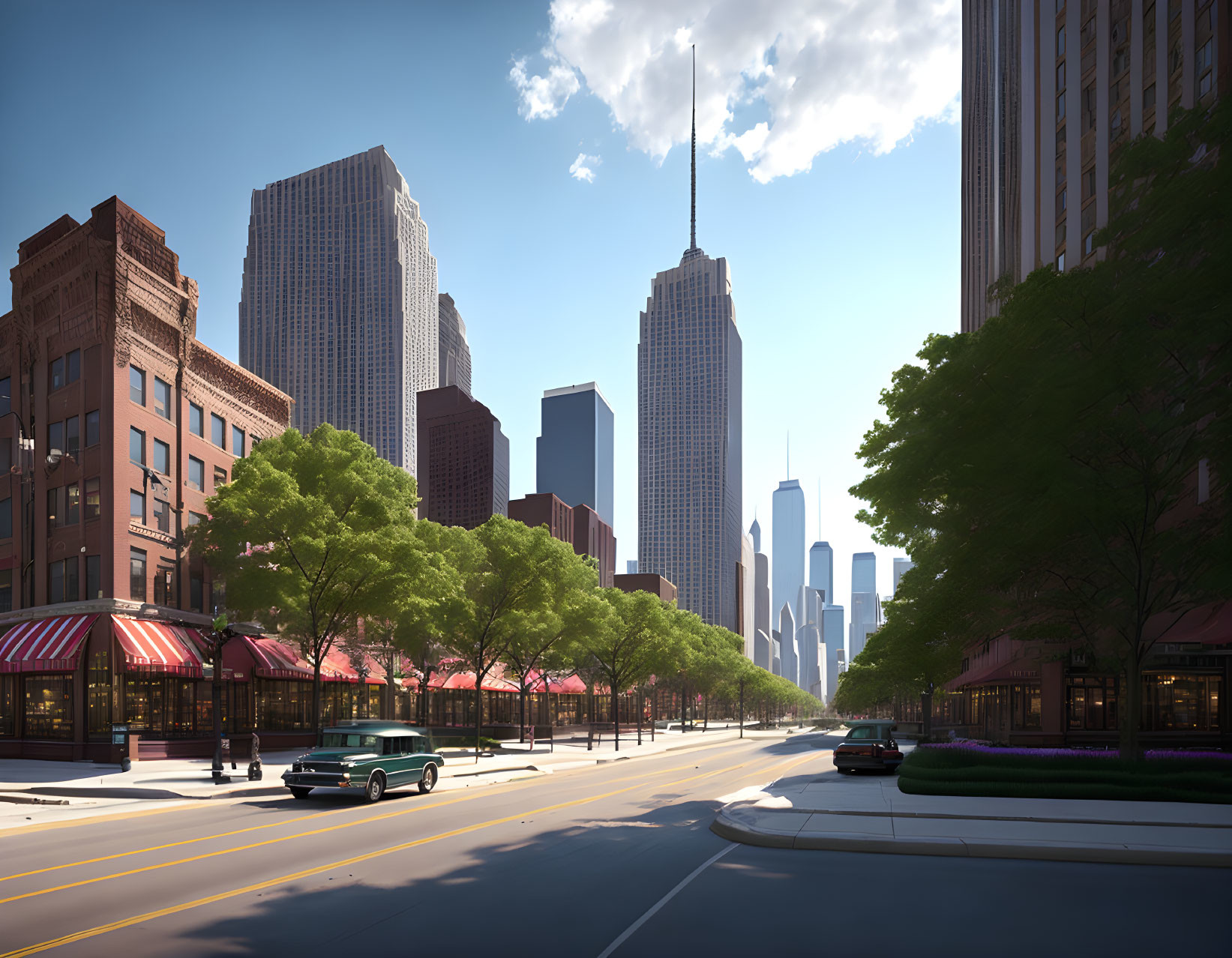 Vintage car on sunny city street with skyscrapers and trees