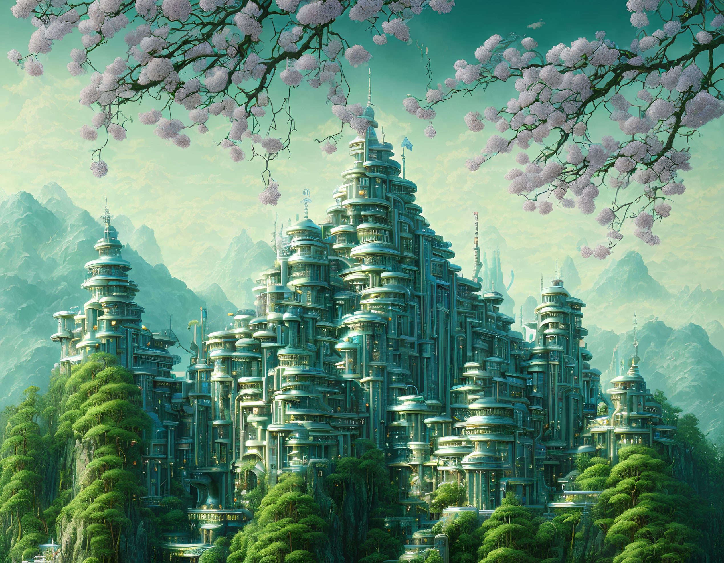 Futuristic cityscape with layered structures and cherry blossoms in green landscape