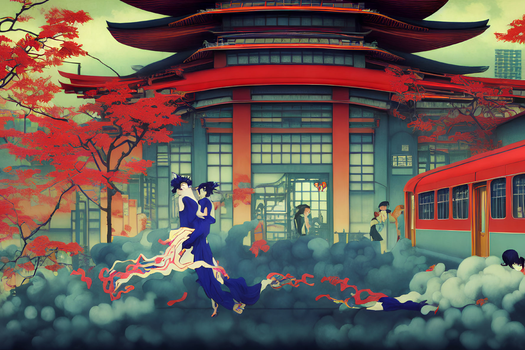 Animated characters in traditional attire levitate over red temple and vintage tram amid clouds.