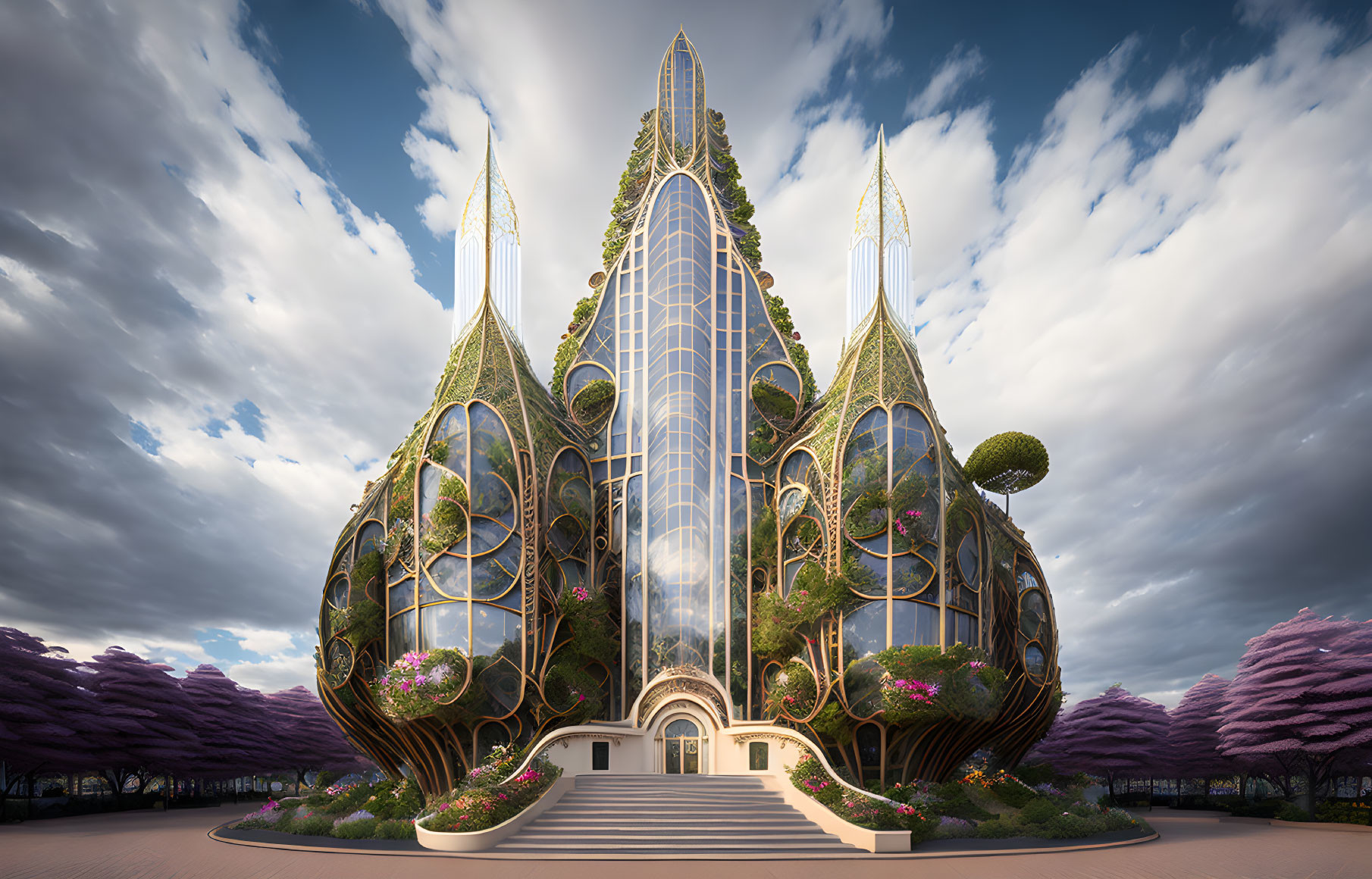 Organic futuristic building with tall spires and greenery under dramatic sky