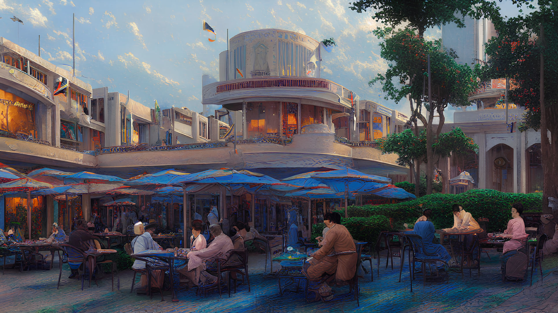 Outdoor café scene with blue umbrellas, neoclassical architecture, and fluttering flags at dusk