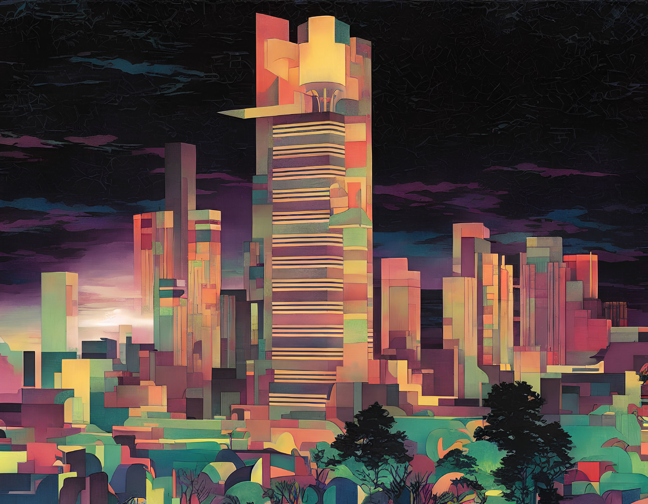 Futuristic cityscape artwork with vibrant, glowing lights