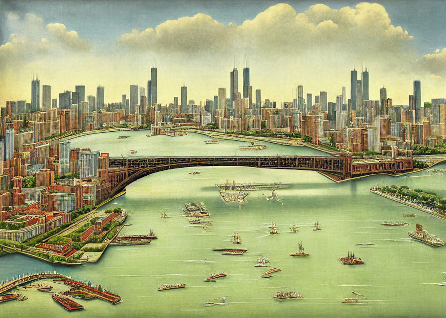 Cityscape painting with skyscrapers, river, bridges, and boats in stylized blend of realism