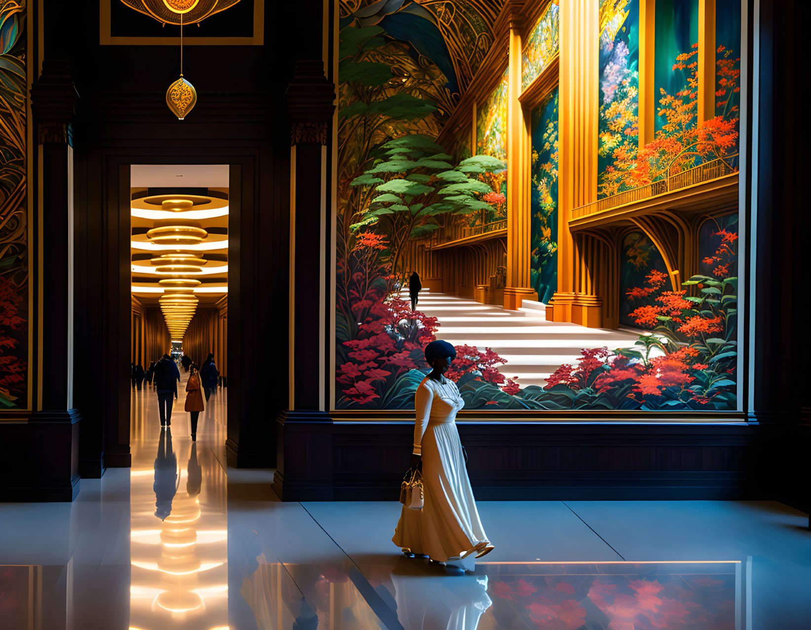 Woman in Long Dress Walking Past Nature-Themed Stained Glass Windows