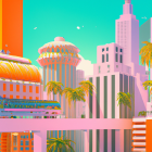 Colorful retro-futuristic cityscape with monorail and skyscrapers