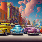 Vibrant vintage cars on city street with whimsical architecture