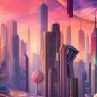 Twilight futuristic cityscape with towering skyscrapers