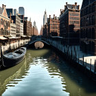 Stylized urban canal scene with gondolas and historic buildings