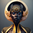 Blue-skinned female figure with ornate gold and black headdress and striking blue lips