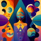 Colorful Abstract Artwork: Faceless Figure with Symmetrical Patterns