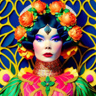 Symmetrical portrait with dramatic makeup, ornate headdress, and colorful attire on blue and yellow background