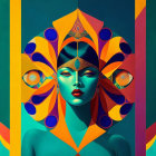 Symmetrical Artwork of Stylized Female Figure with Elaborate Headpiece and Blue Skin