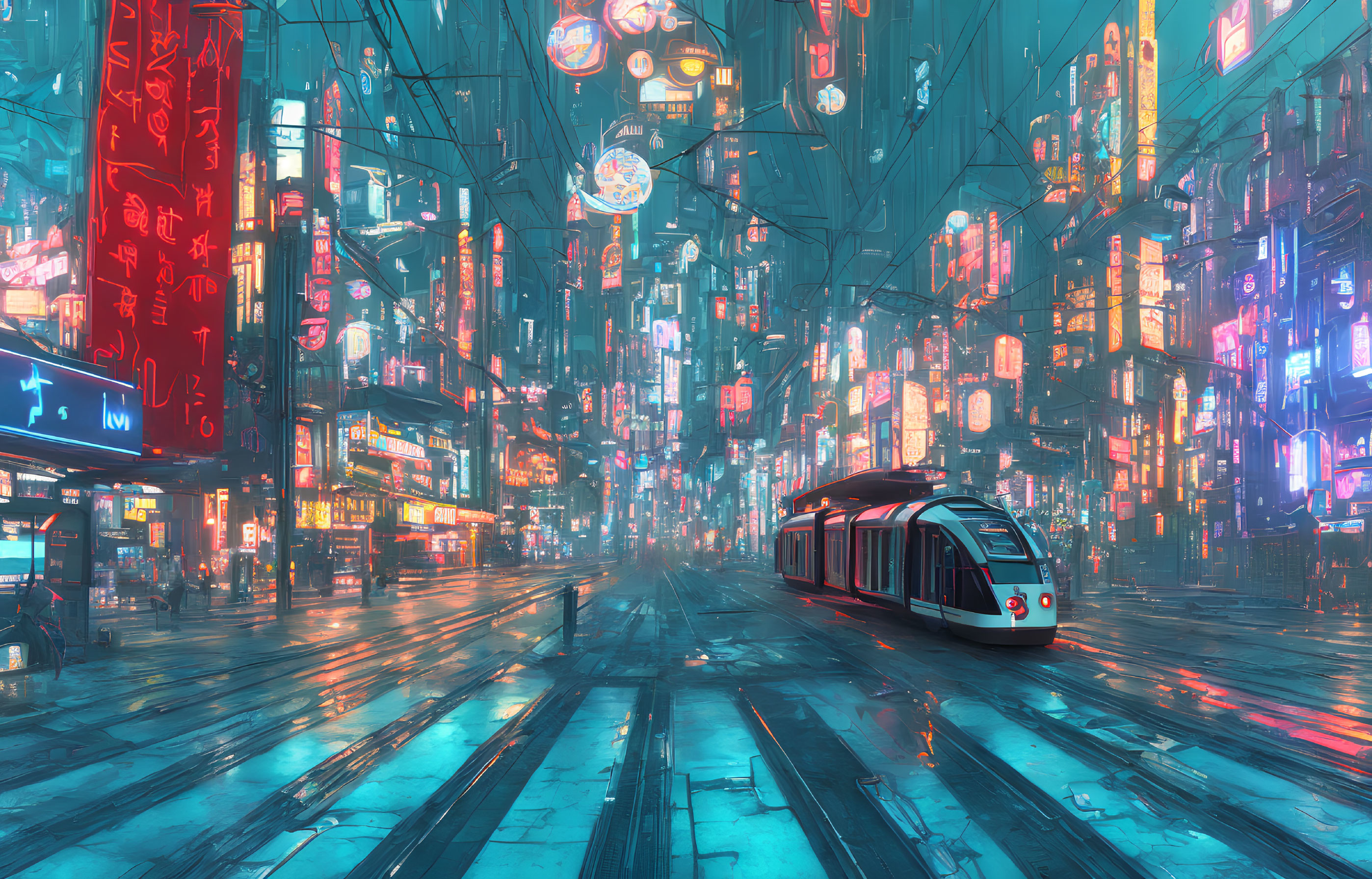 Futuristic city street with neon signs, tram, and reflective surface at night