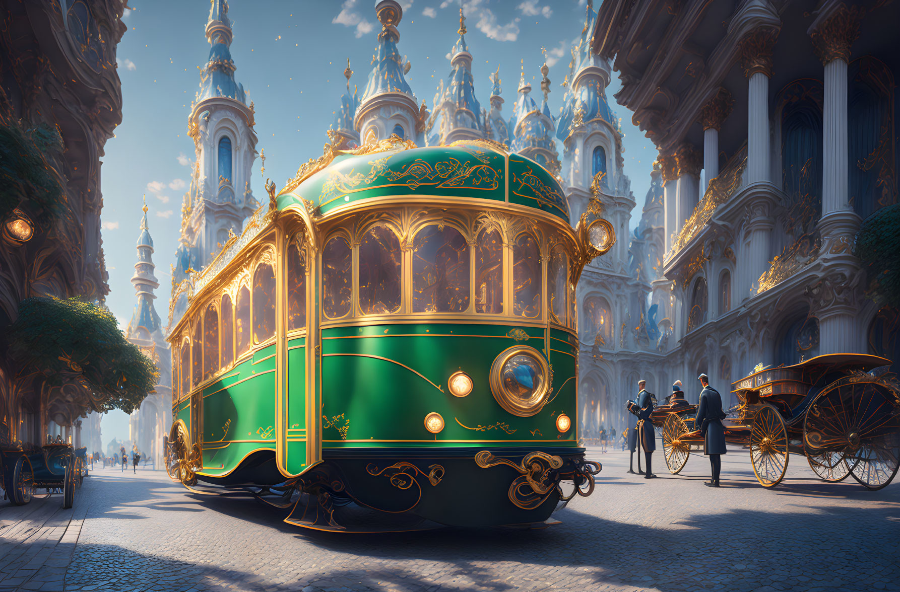 Vintage Green Tram Passing Classical Buildings with Pedestrians