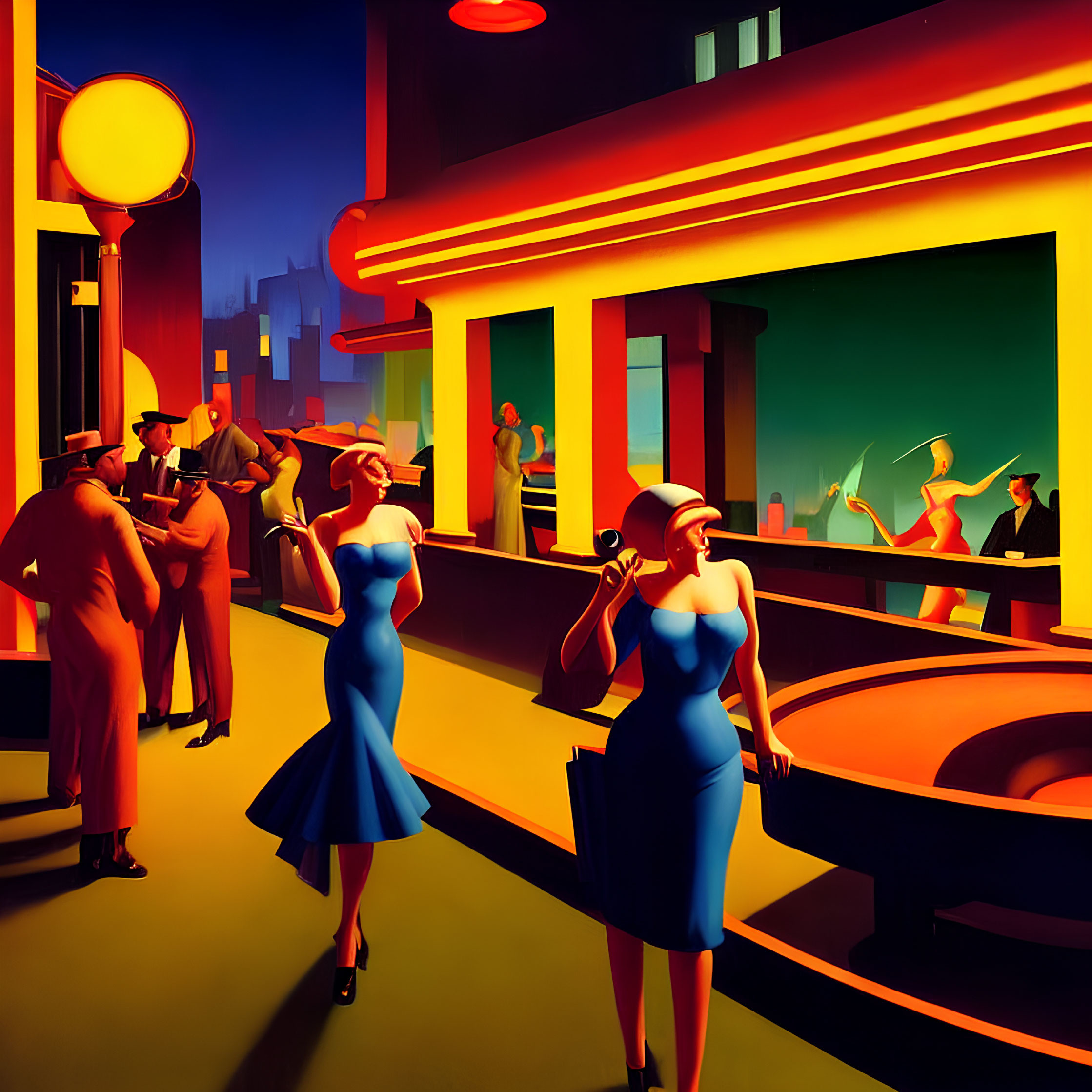 Colorful painting of stylized figures in 1940s attire outside a neon-lit diner at