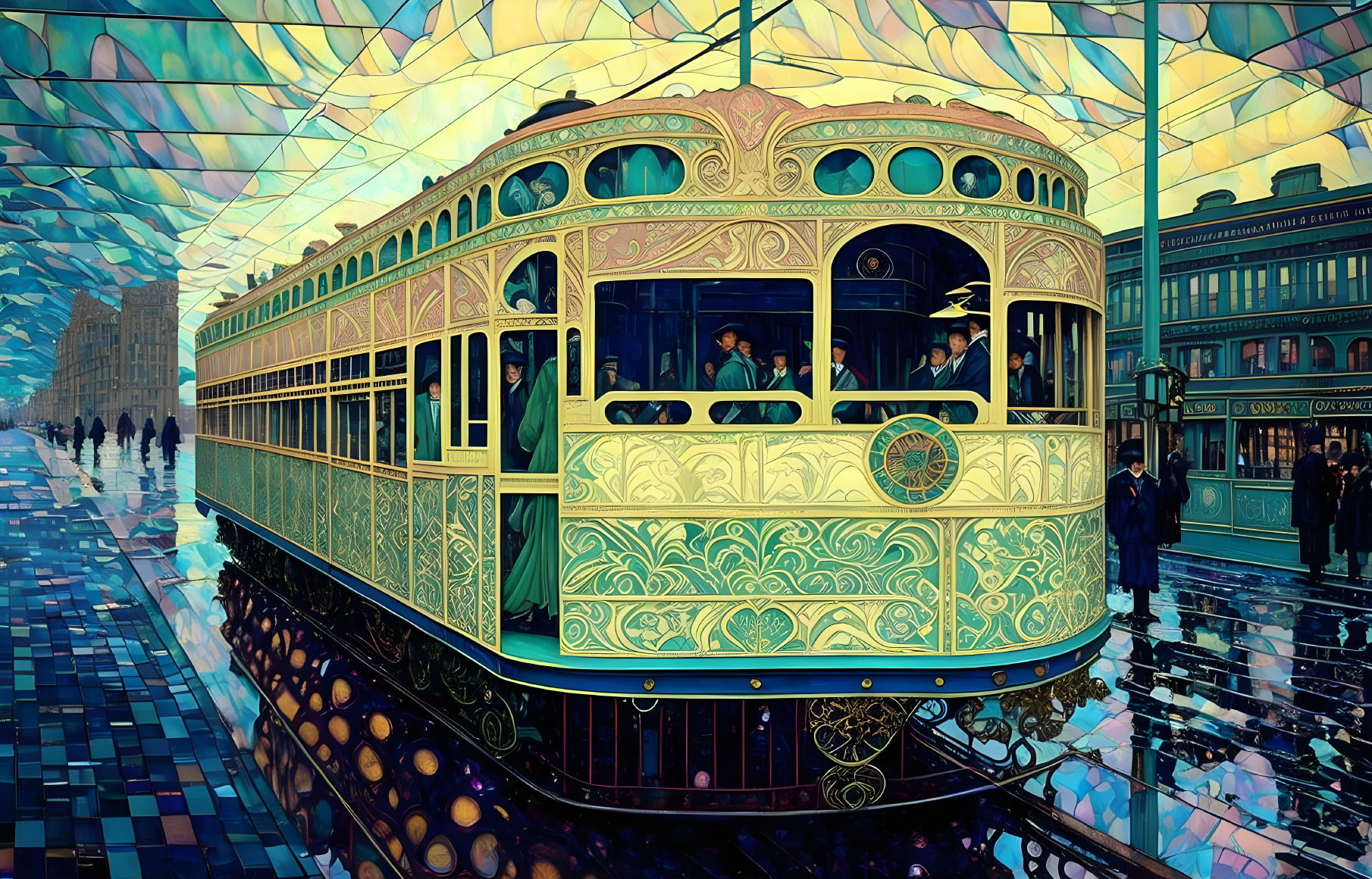 Vintage tram with intricate patterns in vibrant urban setting