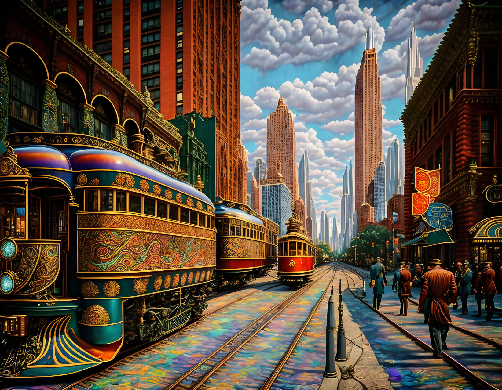 Colorful cityscape with ornate streetcars, pedestrians, skyscrapers, and dynamic sky.