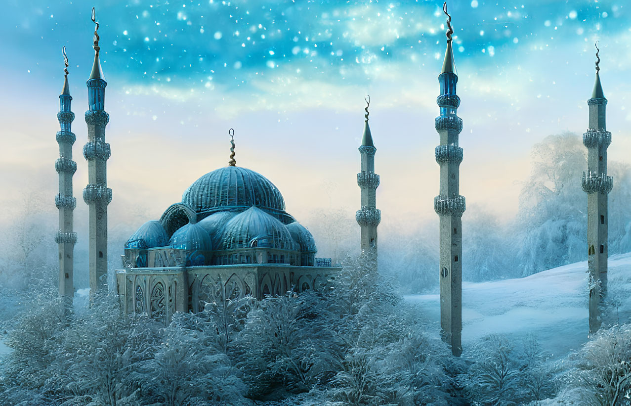 Snow-covered mosque with intricate designs in a winter landscape.