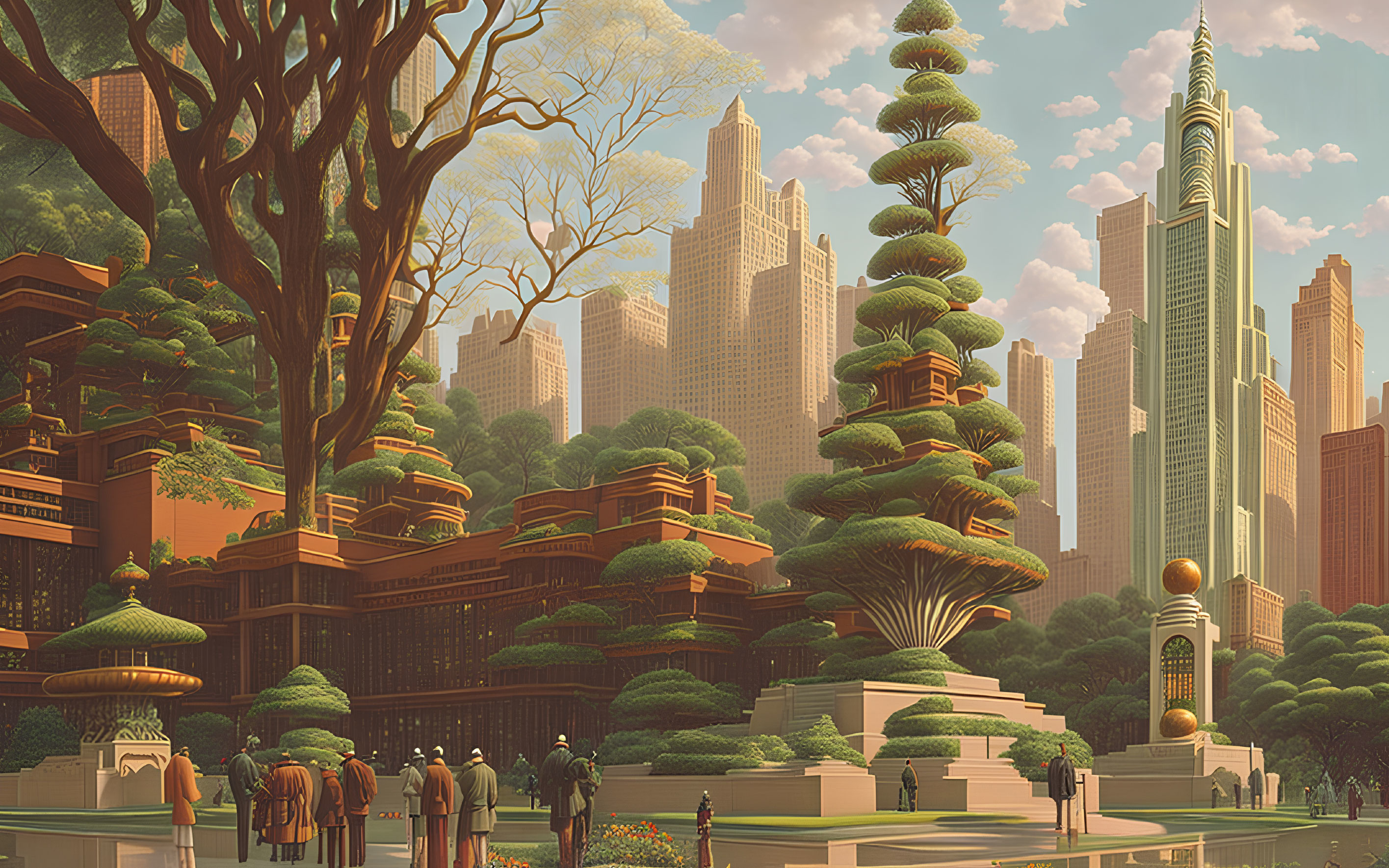 Futuristic cityscape with greenery, skyscrapers, and observers