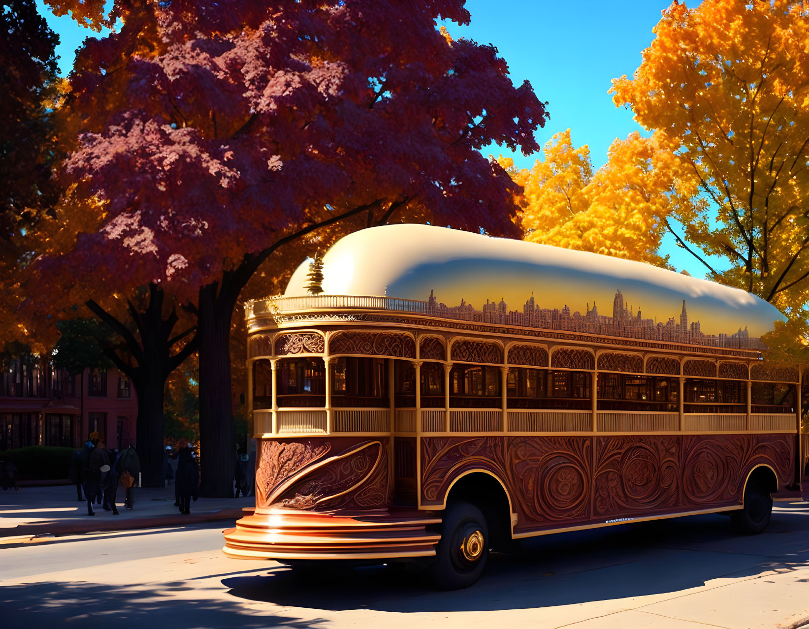 Vintage-style bus with intricate designs in autumn street scene