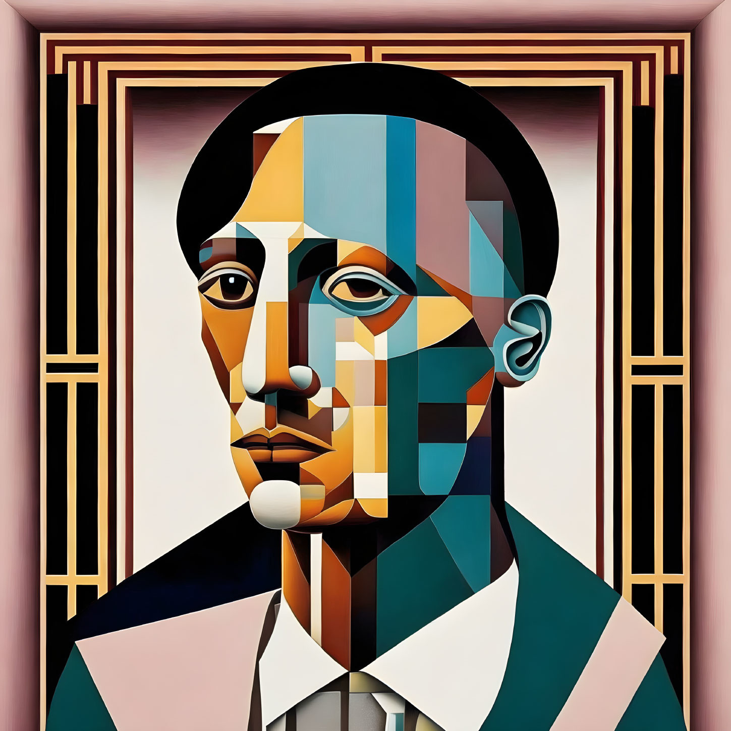 Male figure depicted in Cubist-style portrait with fragmented, multi-colored planes on pink background.