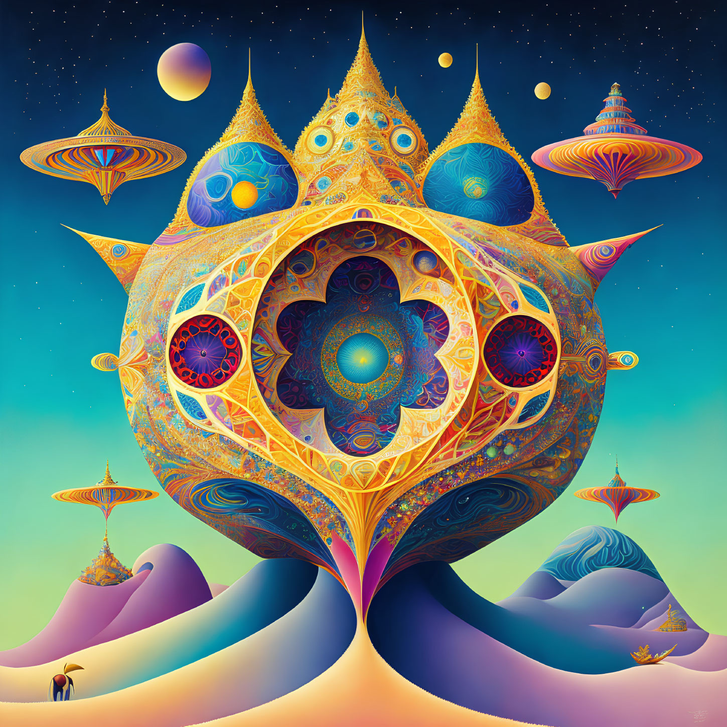 Colorful Mandala-like Psychedelic Illustration in Space Landscape