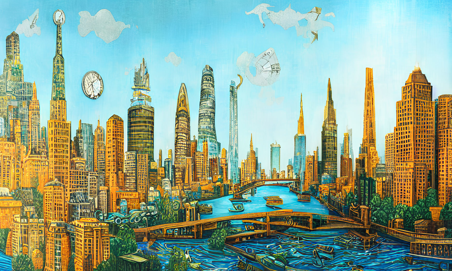 Panoramic cityscape artwork with iconic skyscrapers, river, boats, and whimsical flying