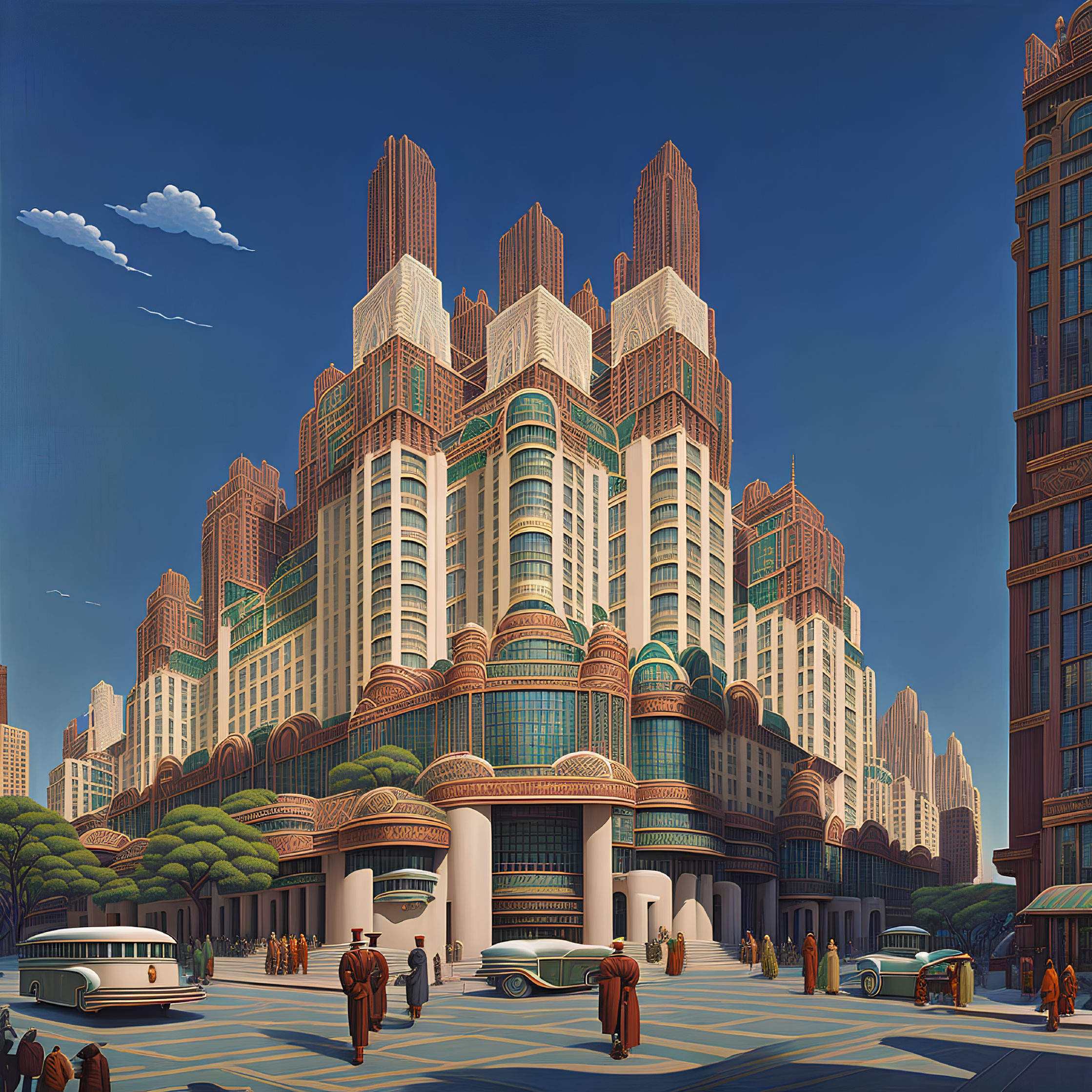 Art Deco-style skyscraper illustration with vintage cars and people under a clear blue sky