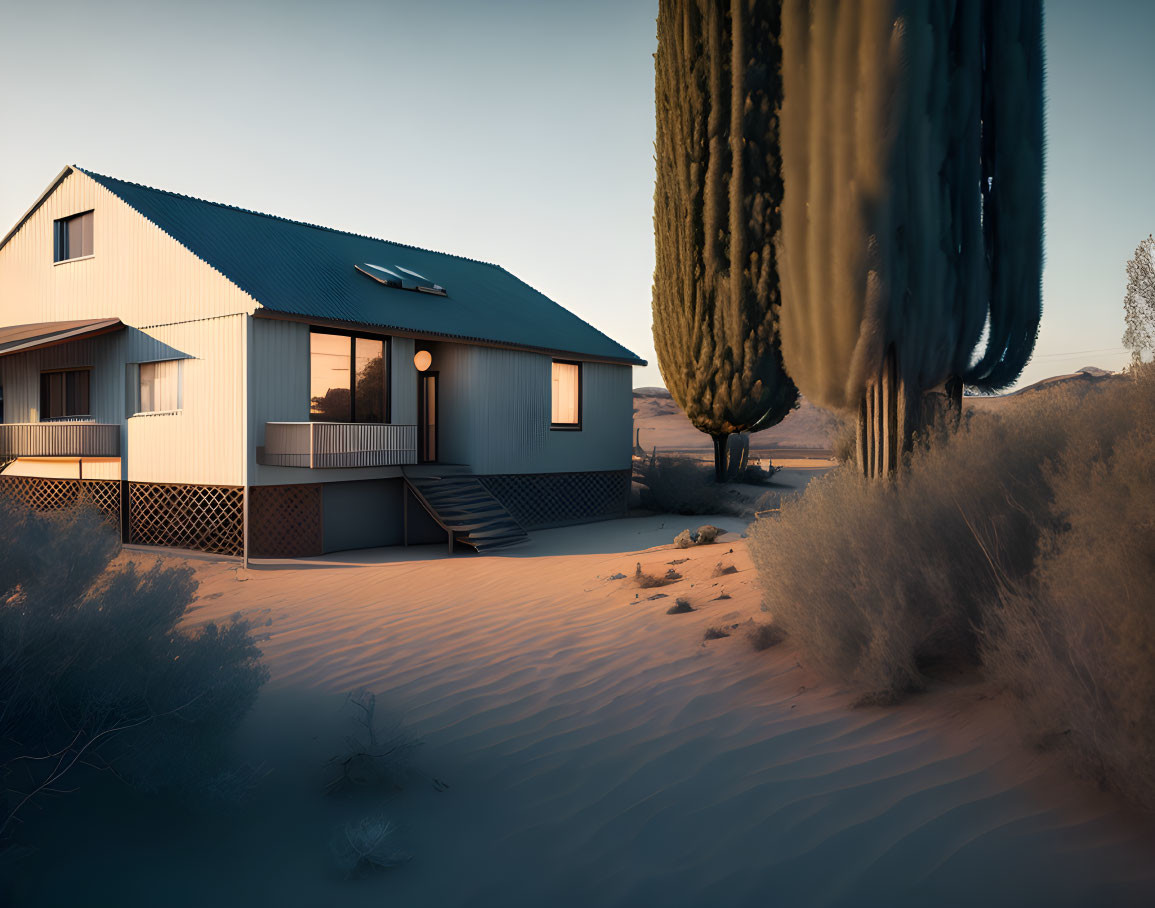 Tranquil desert sunset with lone house and long shadows