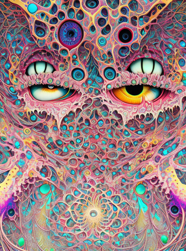 Colorful Psychedelic Image with Eye-Like Patterns and Organic Shapes