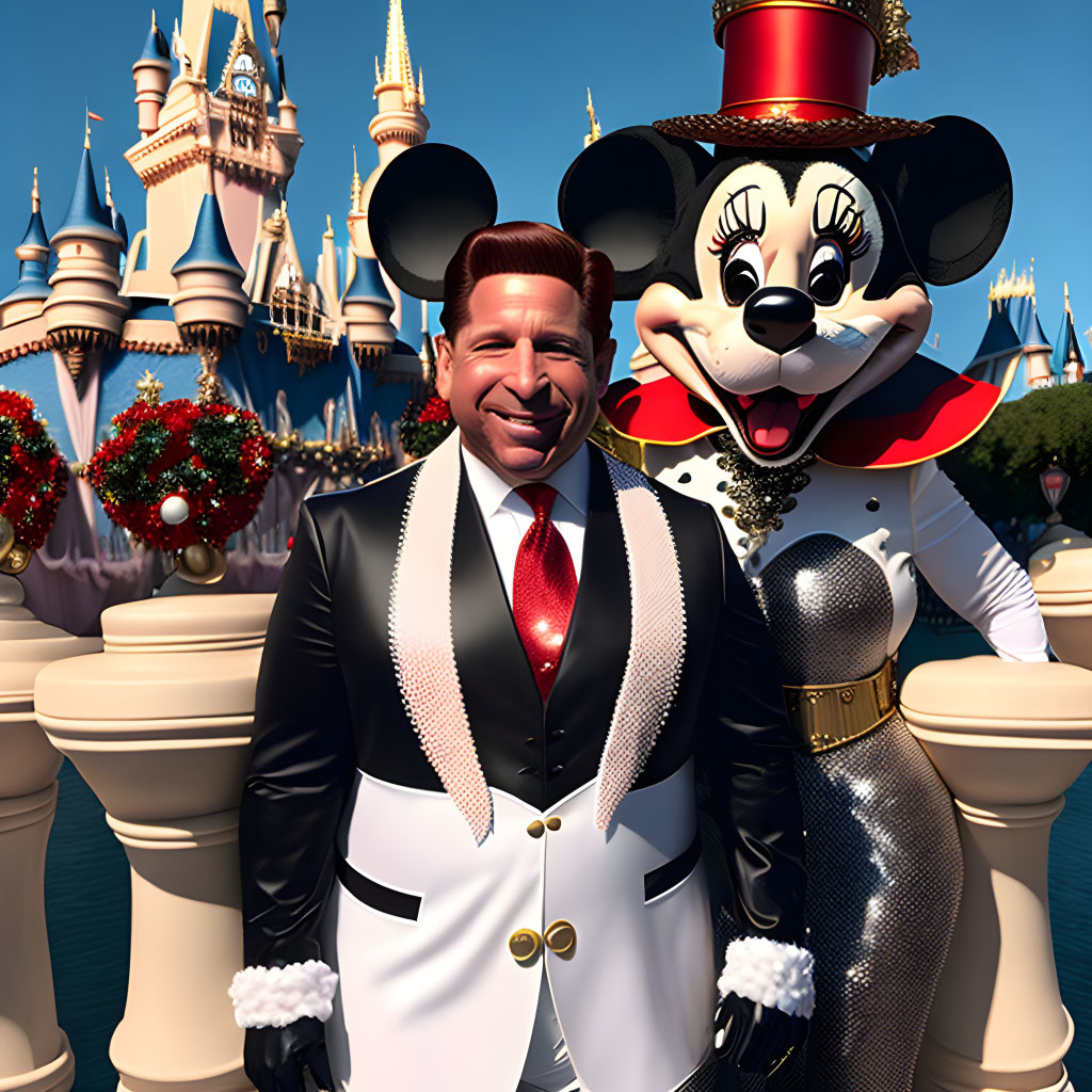 Animated image: Man in tuxedo and Minnie Mouse-like character smiling at castle