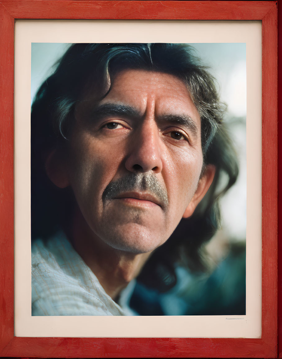 Close-Up Portrait of Man with Dark Hair and Mustache in Red Frame