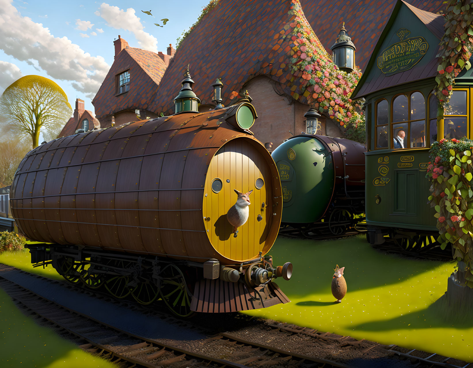 Whimsical wooden train and thatched roof house on tracks