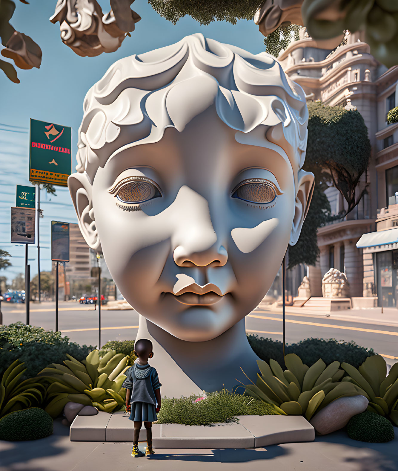 Large baby head sculpture with intricate features in city square, child with toy airplane.