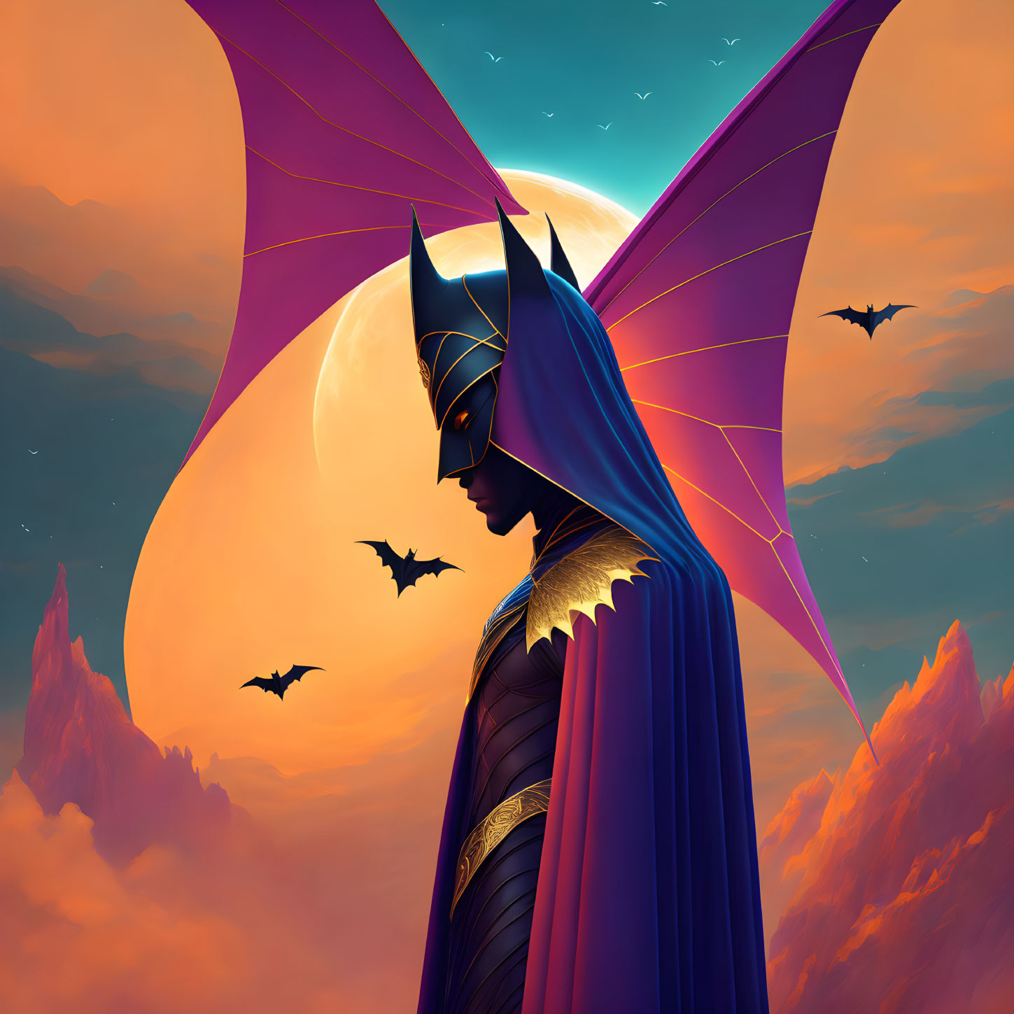 Stylized Batman illustration with purple cape and sunset sky